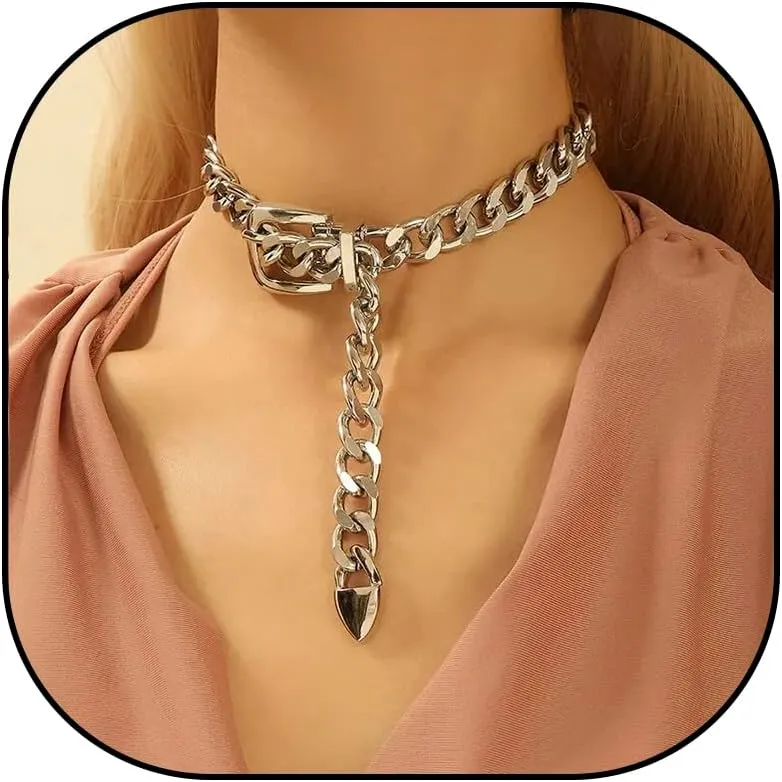 Big Silver Chunky Chain Necklace for Women Choker Necklace for Women Girls Trendy Hip Hop Necklace Punk Goth Belt Buckle Chain Necklace Gift for her Sexy Pendant Necklace
