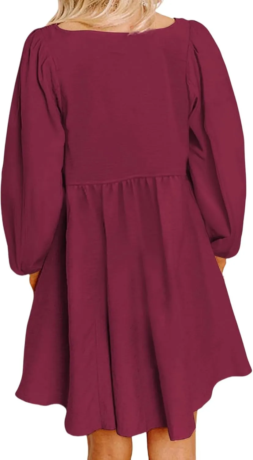 Big Swing Dress for Women Square Neck Long Sleeve Front Button Mini Dresses Waist Ruffle A-Line Bubble Wedding Dress
