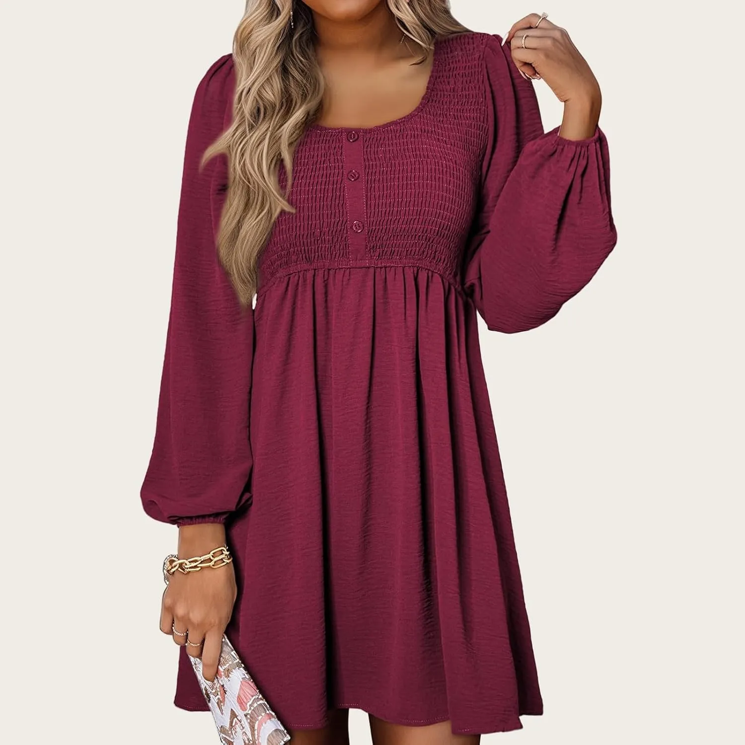 Big Swing Dress for Women Square Neck Long Sleeve Front Button Mini Dresses Waist Ruffle A-Line Bubble Wedding Dress