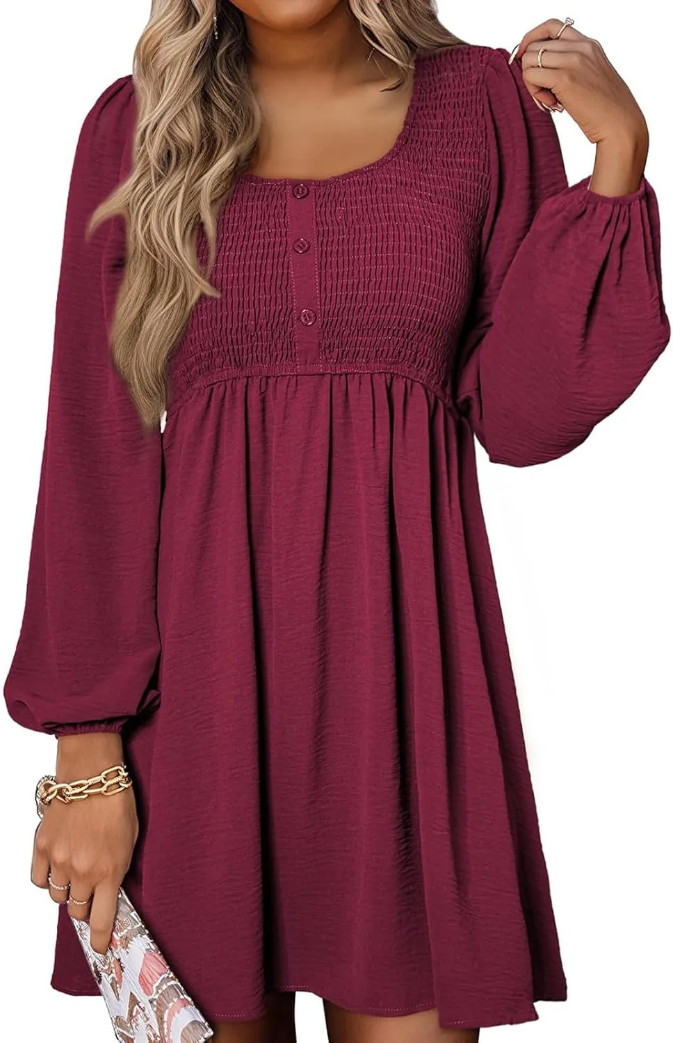 Big Swing Dress for Women Square Neck Long Sleeve Front Button Mini Dresses Waist Ruffle A-Line Bubble Wedding Dress
