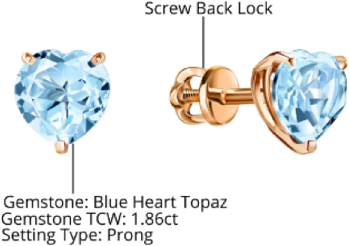 Blue Heart Stud Earrings, 14K Gold Heart (1.86 ct) Blue Topaz Earrings, Elegant Topaz Studs, Gift for Women, Minimalist Birthstone.