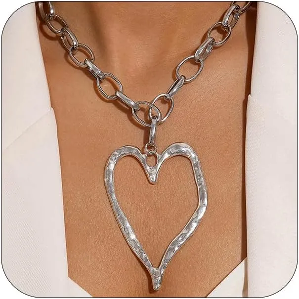 Bold Big Chunky Gold Heart Necklace for Women, Unique Large Thick Hollow Love Heart Pendant Chain Choker Necklaces Punk Party Prom Y2K Jewelry Gifts