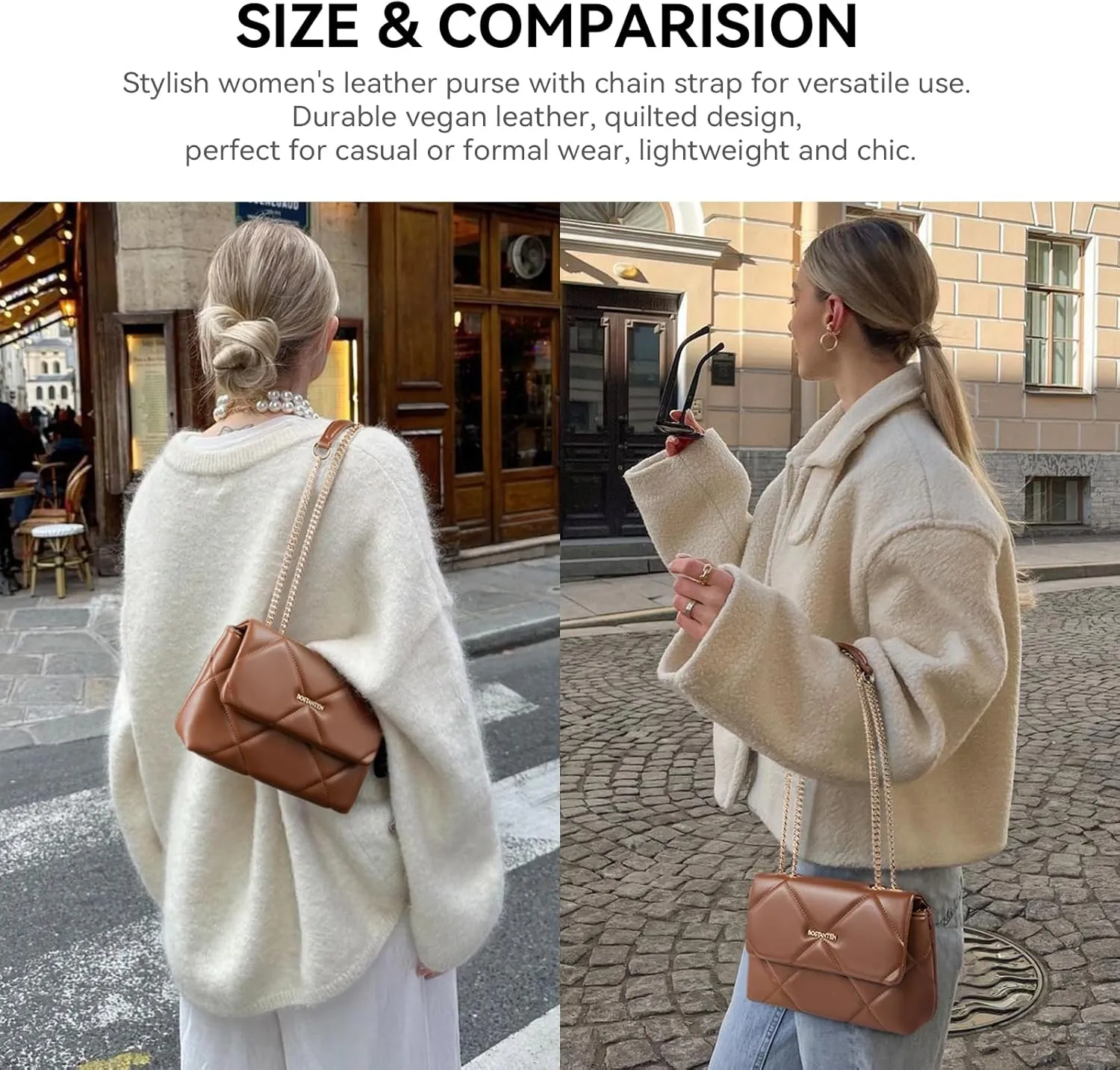BOSTANTEN Crossbody Bags for Women Small Purse Vegan Leather Quilted Shoulder Bag With Chain Trendy Ladies Handbags