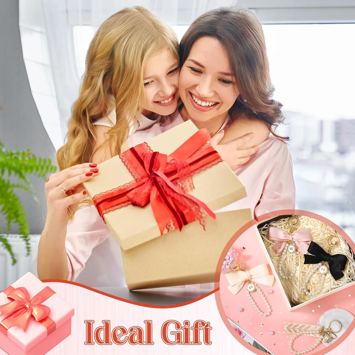 Bow Keychain Pink Bow Charm Pearl Wristlet Keyring Keychain for Women Purse Bag Charm