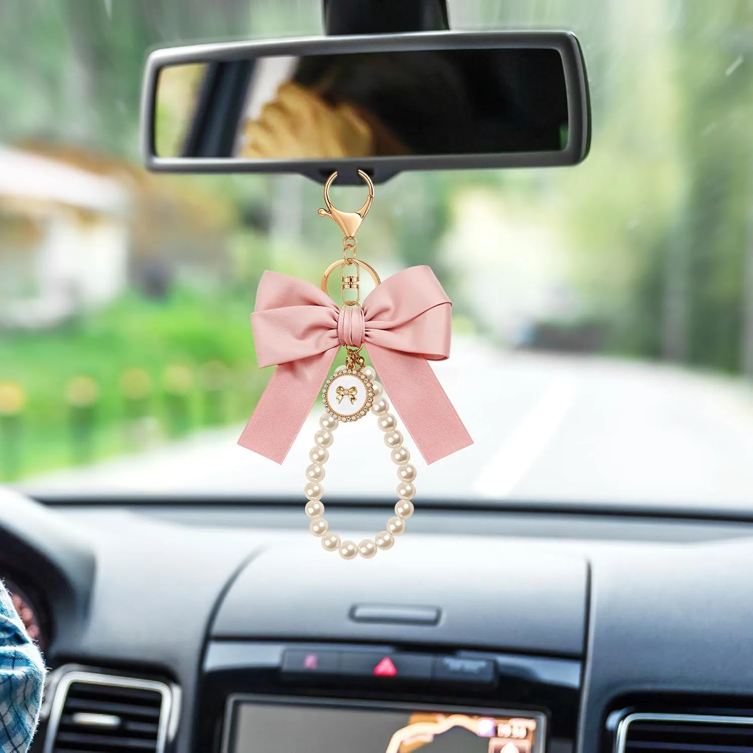 Bow Keychain Pink Bow Charm Pearl Wristlet Keyring Keychain for Women Purse Bag Charm