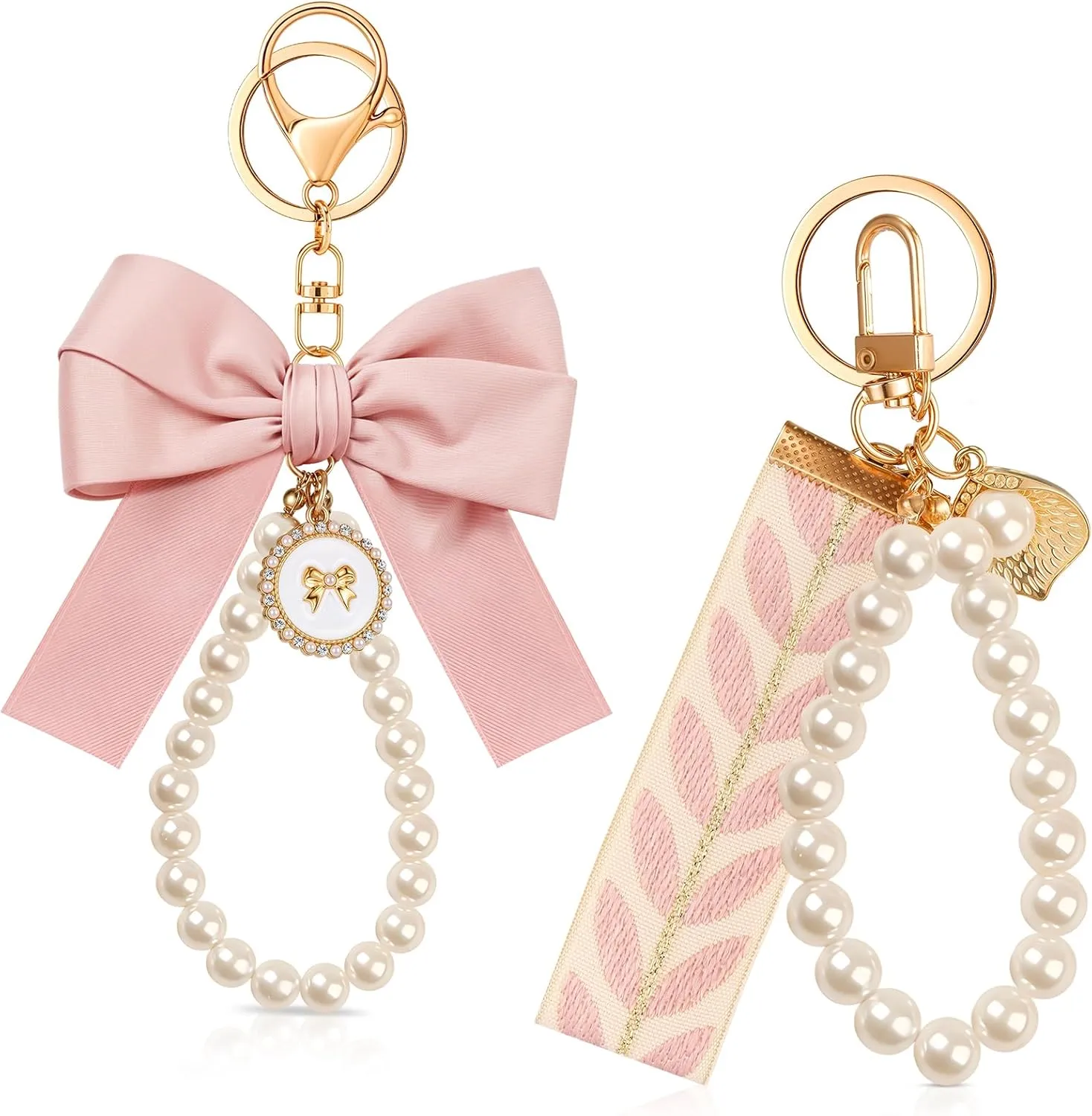 Bow Keychain Pink Bow Charm Pearl Wristlet Keyring Keychain for Women Purse Bag Charm