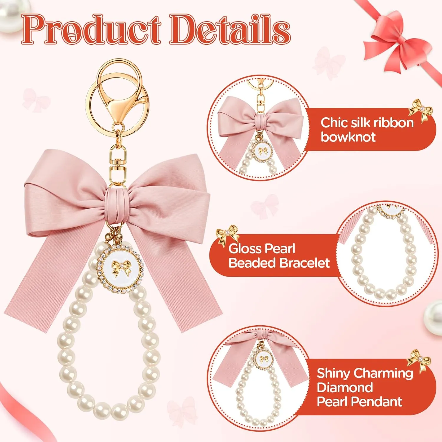 Bow Keychain Pink Bow Charm Pearl Wristlet Keyring Keychain for Women Purse Bag Charm