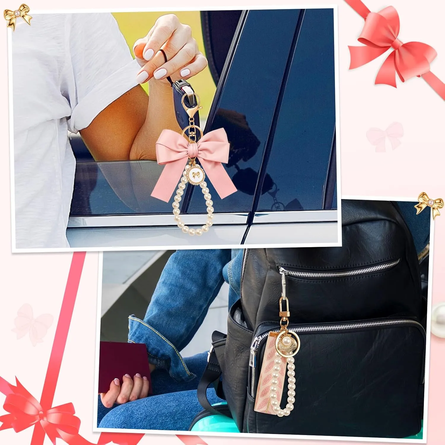 Bow Keychain Pink Bow Charm Pearl Wristlet Keyring Keychain for Women Purse Bag Charm