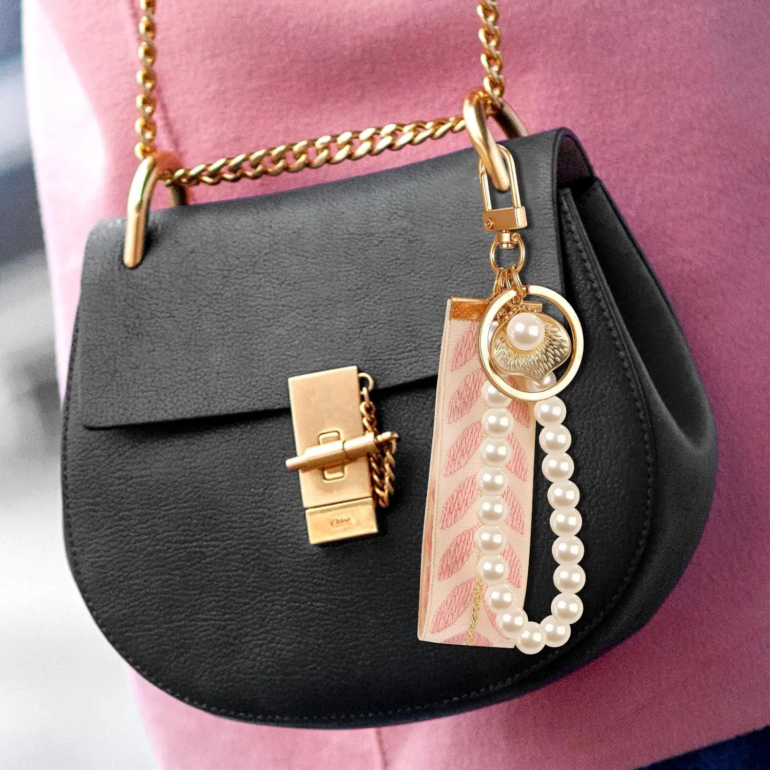 Bow Keychain Pink Bow Charm Pearl Wristlet Keyring Keychain for Women Purse Bag Charm