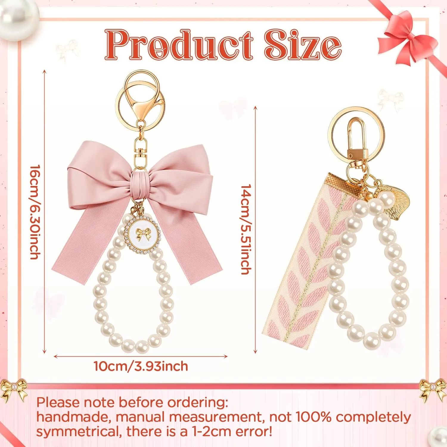 Bow Keychain Pink Bow Charm Pearl Wristlet Keyring Keychain for Women Purse Bag Charm