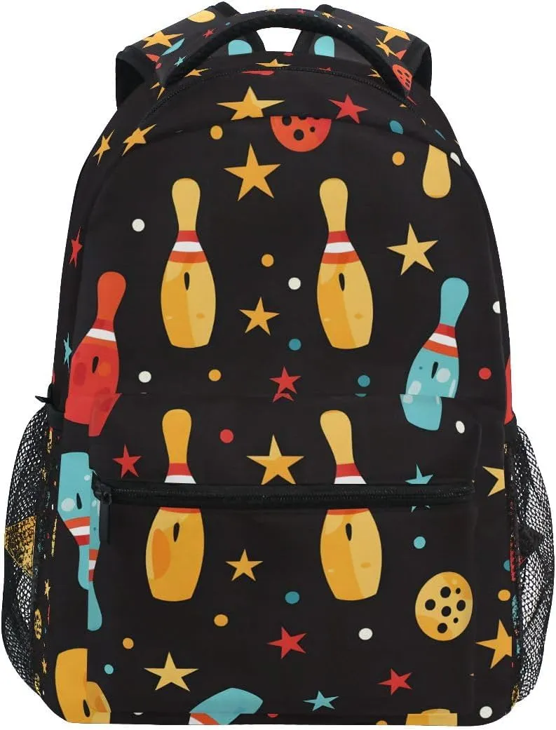 Bowling and Star Cartoon Pattern Backpack for Women Mens Girls Boys Teens, School Backpacks Students Laptop Bookbag Rucksack Casual Daypack for Hiking Traveling Camping Work