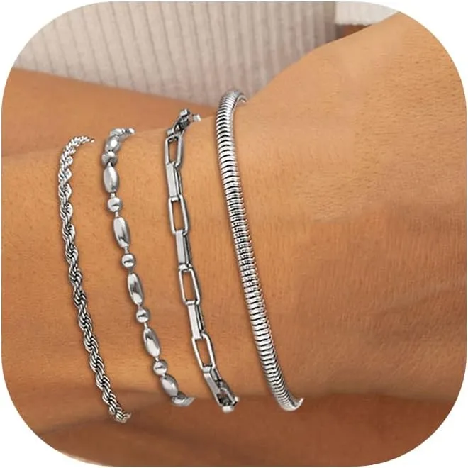 Bracelet for Women Set Dianty Gold/Silver Bangle Cuff Adjustable Paperclip Rope Bar Cuban Bead Leaf Snake Chain Bracelets Layered Chunky Link Bracelets Stack Trendy Jewelry Gifts