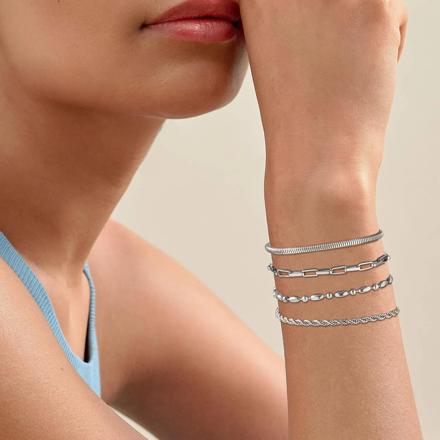 Bracelet for Women Set Dianty Gold/Silver Bangle Cuff Adjustable Paperclip Rope Bar Cuban Bead Leaf Snake Chain Bracelets Layered Chunky Link Bracelets Stack Trendy Jewelry Gifts