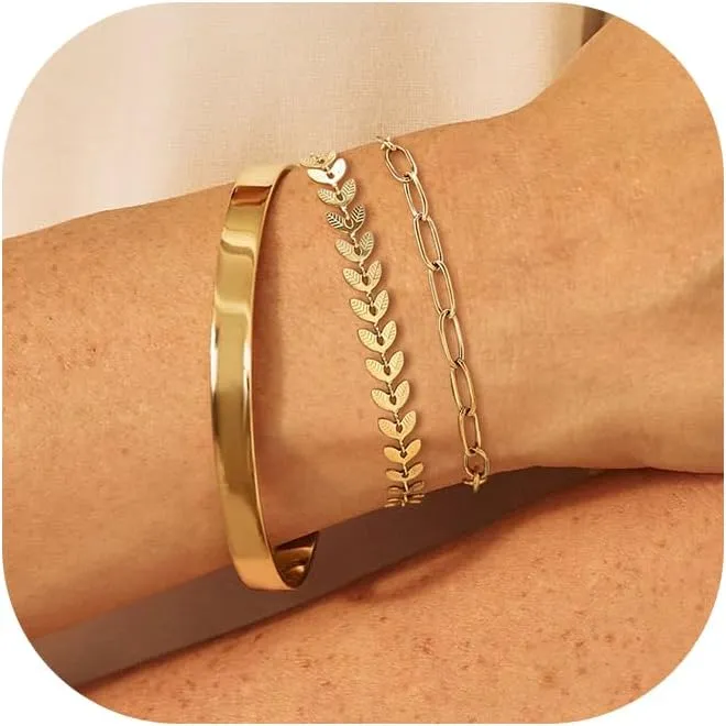 Bracelet for Women Set Dianty Gold/Silver Bangle Cuff Adjustable Paperclip Rope Bar Cuban Bead Leaf Snake Chain Bracelets Layered Chunky Link Bracelets Stack Trendy Jewelry Gifts