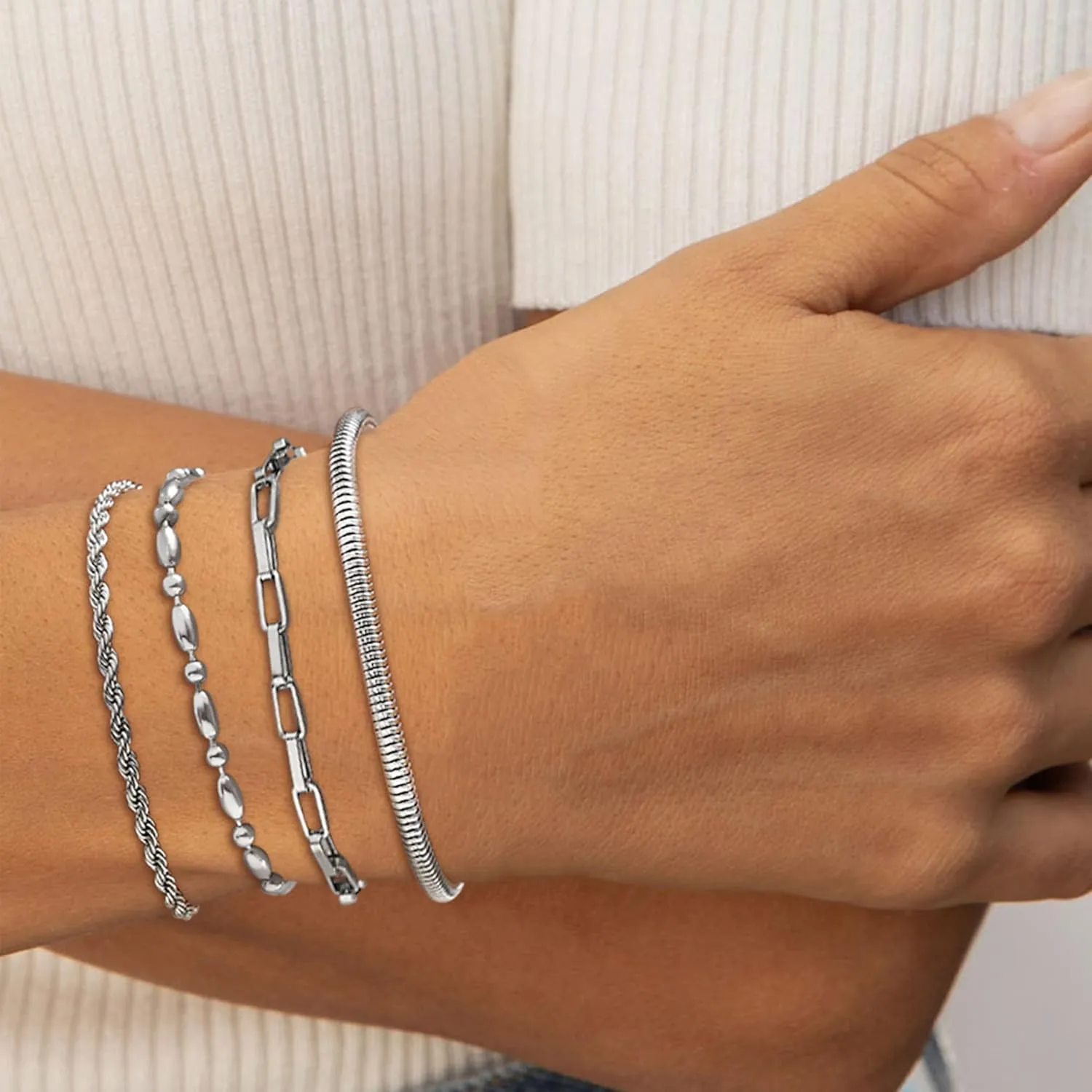 Bracelet for Women Set Dianty Gold/Silver Bangle Cuff Adjustable Paperclip Rope Bar Cuban Bead Leaf Snake Chain Bracelets Layered Chunky Link Bracelets Stack Trendy Jewelry Gifts