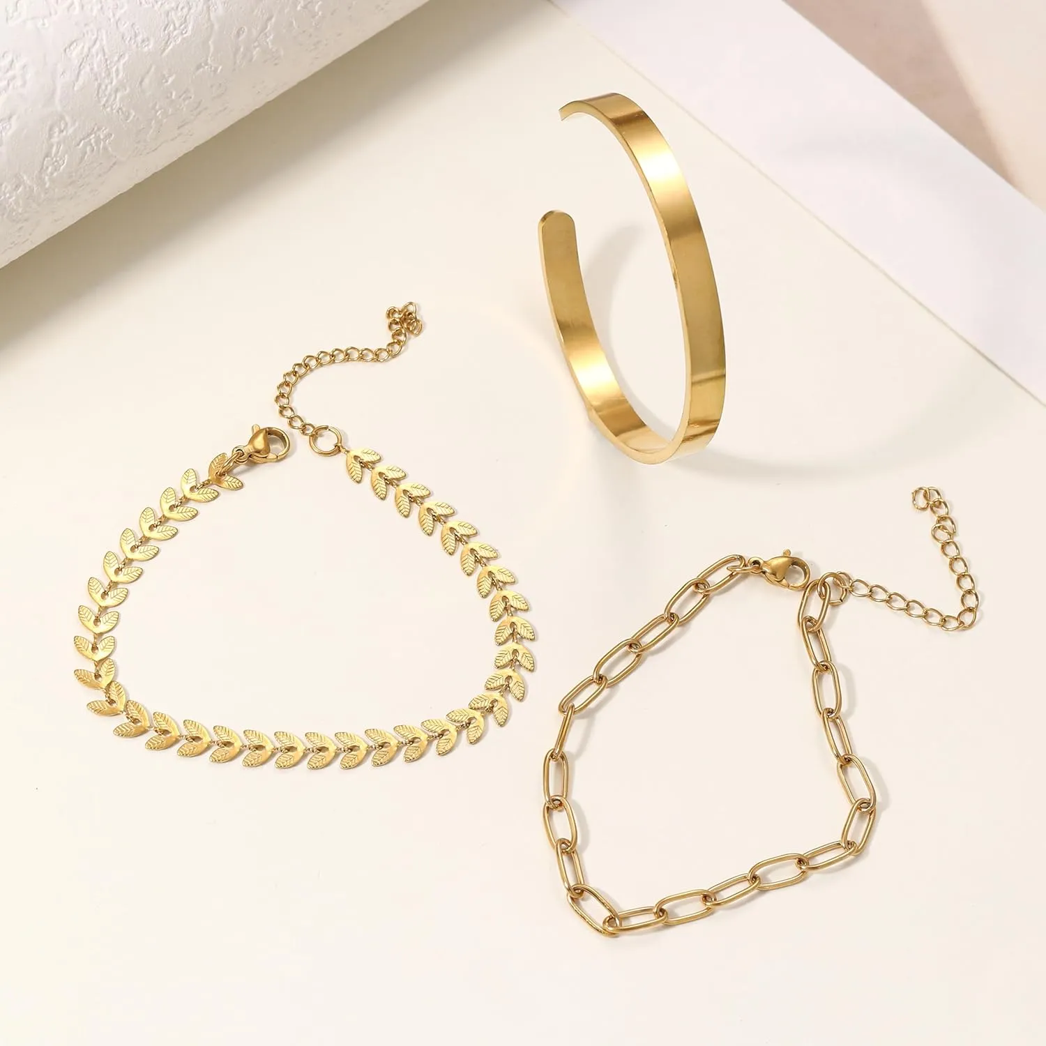 Bracelet for Women Set Dianty Gold/Silver Bangle Cuff Adjustable Paperclip Rope Bar Cuban Bead Leaf Snake Chain Bracelets Layered Chunky Link Bracelets Stack Trendy Jewelry Gifts
