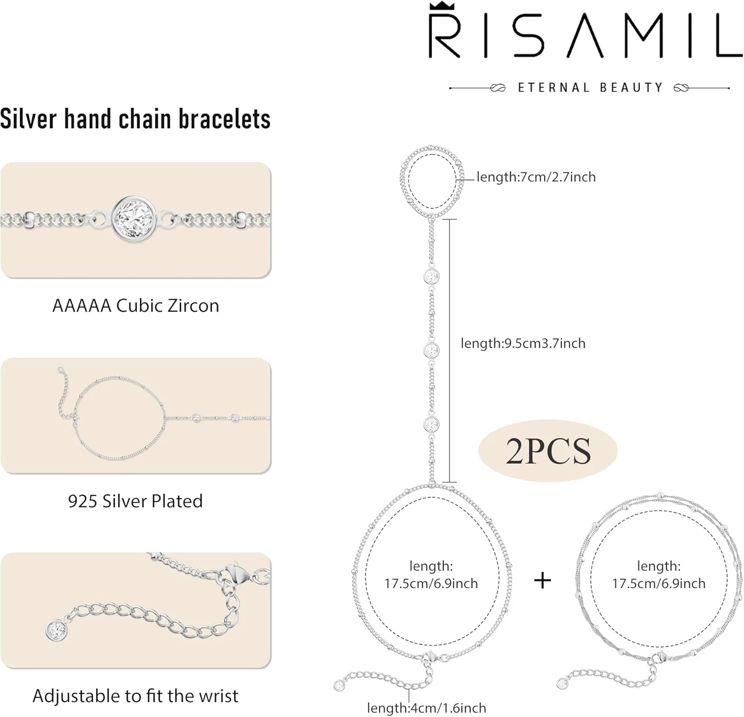 Bracelets for Women Trendy, 14K Gold Plated/Silver Hand Chain Stack Adjustable Layered Dainty Cute Bead | Cubic Zirconia Finger Ring Link Jewelry Gifts
