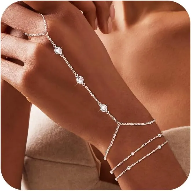 Bracelets for Women Trendy, 14K Gold Plated/Silver Hand Chain Stack Adjustable Layered Dainty Cute Bead | Cubic Zirconia Finger Ring Link Jewelry Gifts