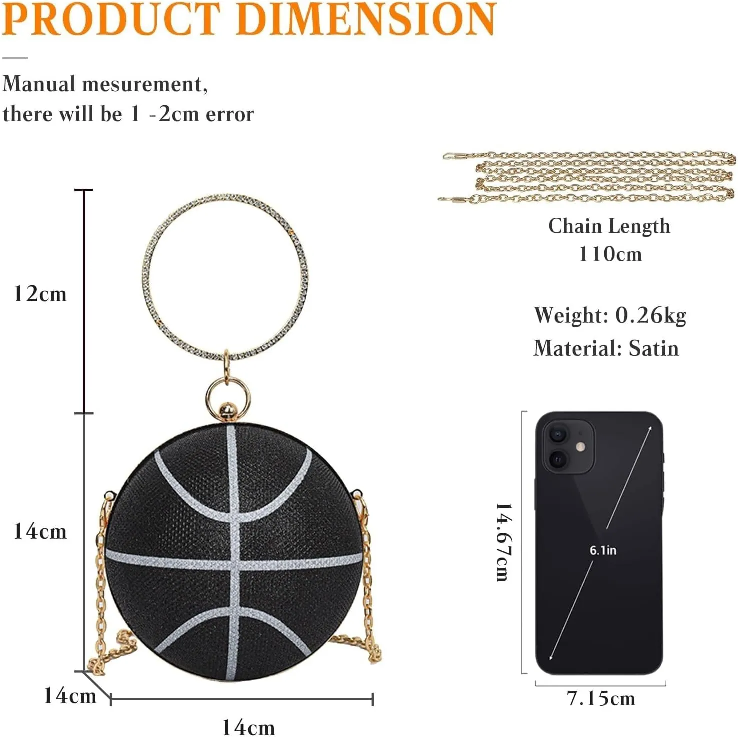 Bridal Wedding Purse Rhinestones Handbag Basketball Shaped Crossbody Women Evening Round Ball Clutch Shoulder