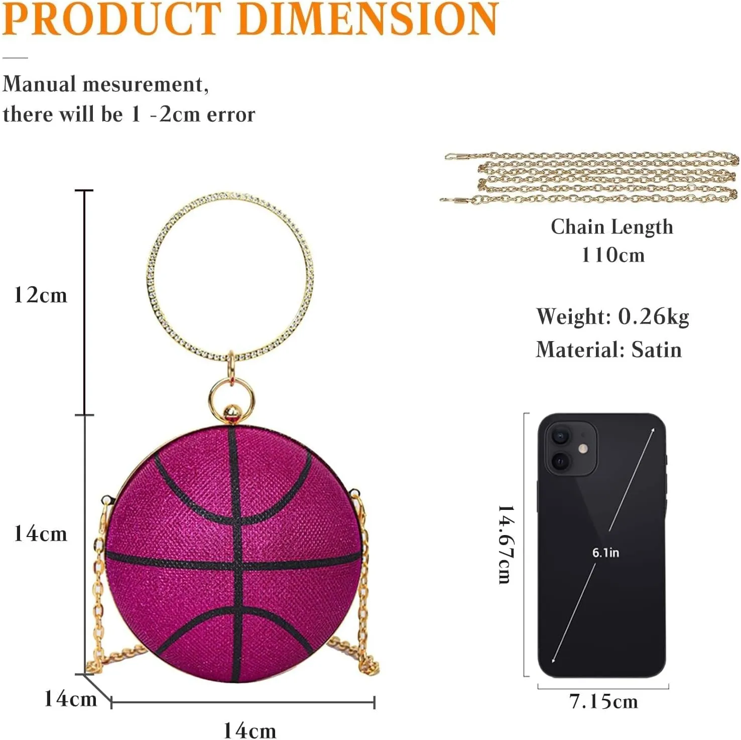 Bridal Wedding Purse Rhinestones Handbag Basketball Shaped Crossbody Women Evening Round Ball Clutch Shoulder