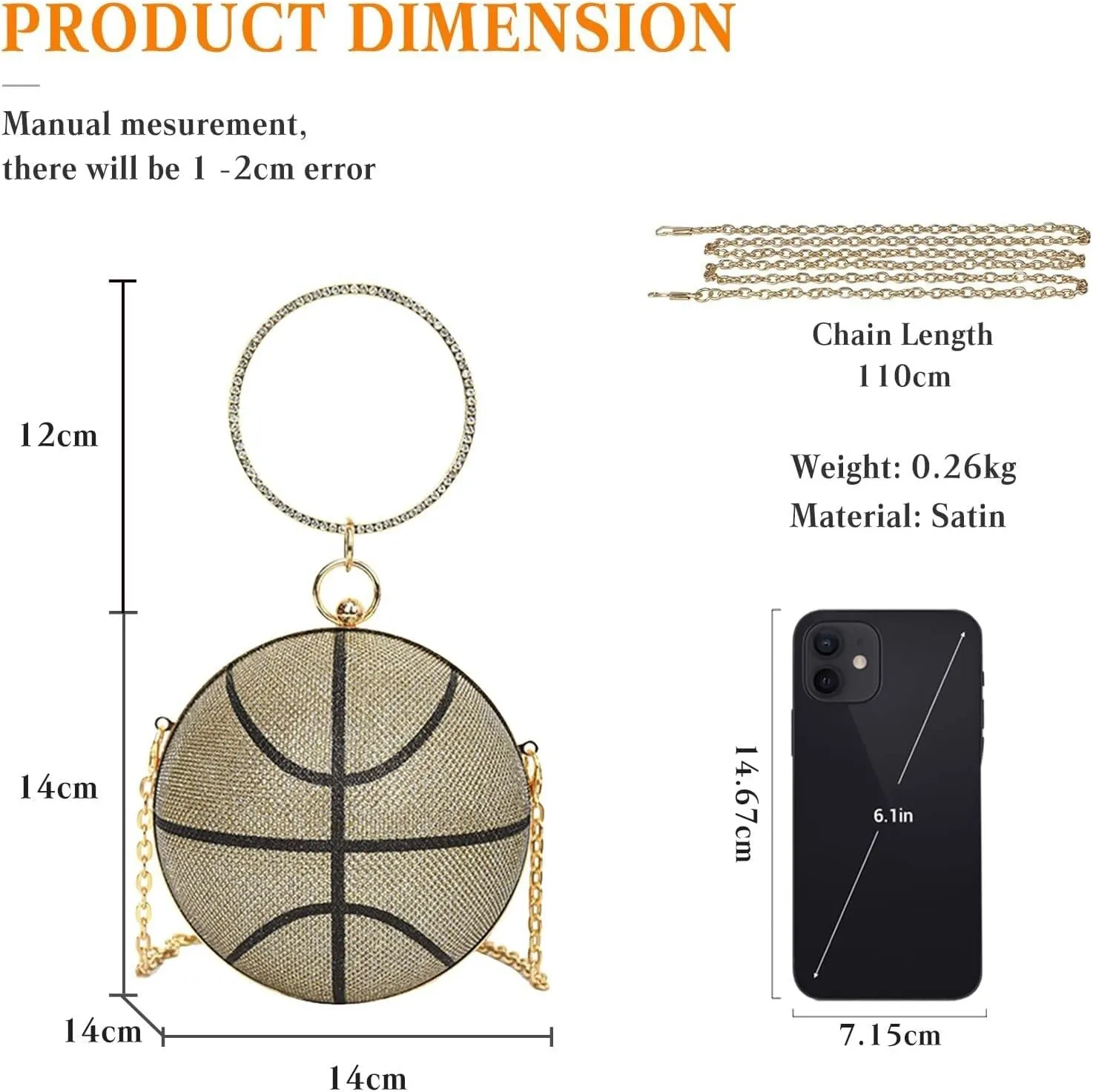 Bridal Wedding Purse Rhinestones Handbag Basketball Shaped Crossbody Women Evening Round Ball Clutch Shoulder