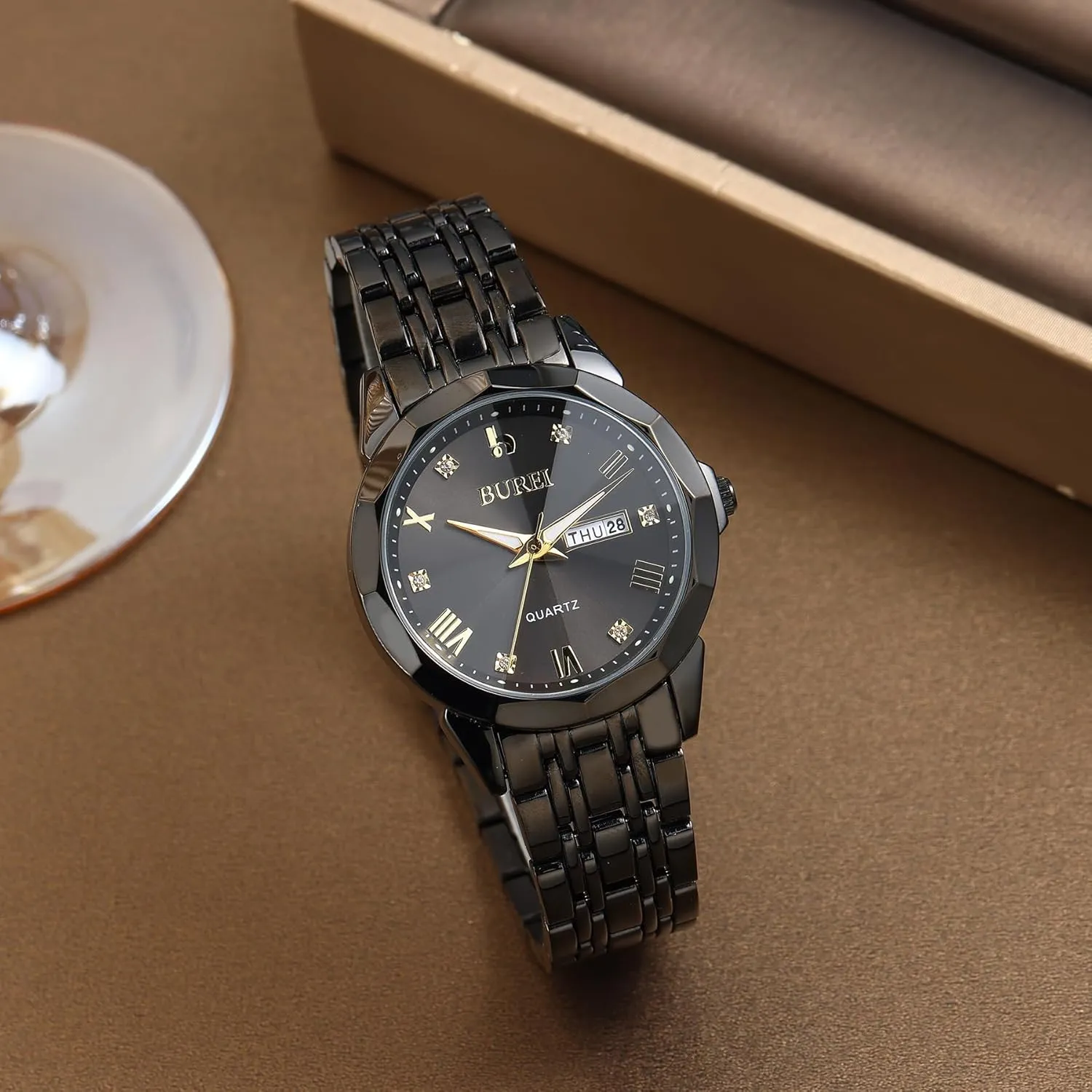 BUREI Men Watches Fashion Business Analog Quartz Stainless Steel Waterproof Watches for Men Diamond Luminous Date Dress Wrist Watch Luxury Casual Wrist Watch with Weeks,Gifts for MenSilver Blue