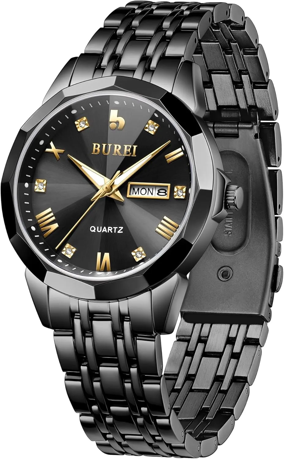 BUREI Men Watches Fashion Business Analog Quartz Stainless Steel Waterproof Watches for Men Diamond Luminous Date Dress Wrist Watch Luxury Casual Wrist Watch with Weeks,Gifts for MenSilver Blue
