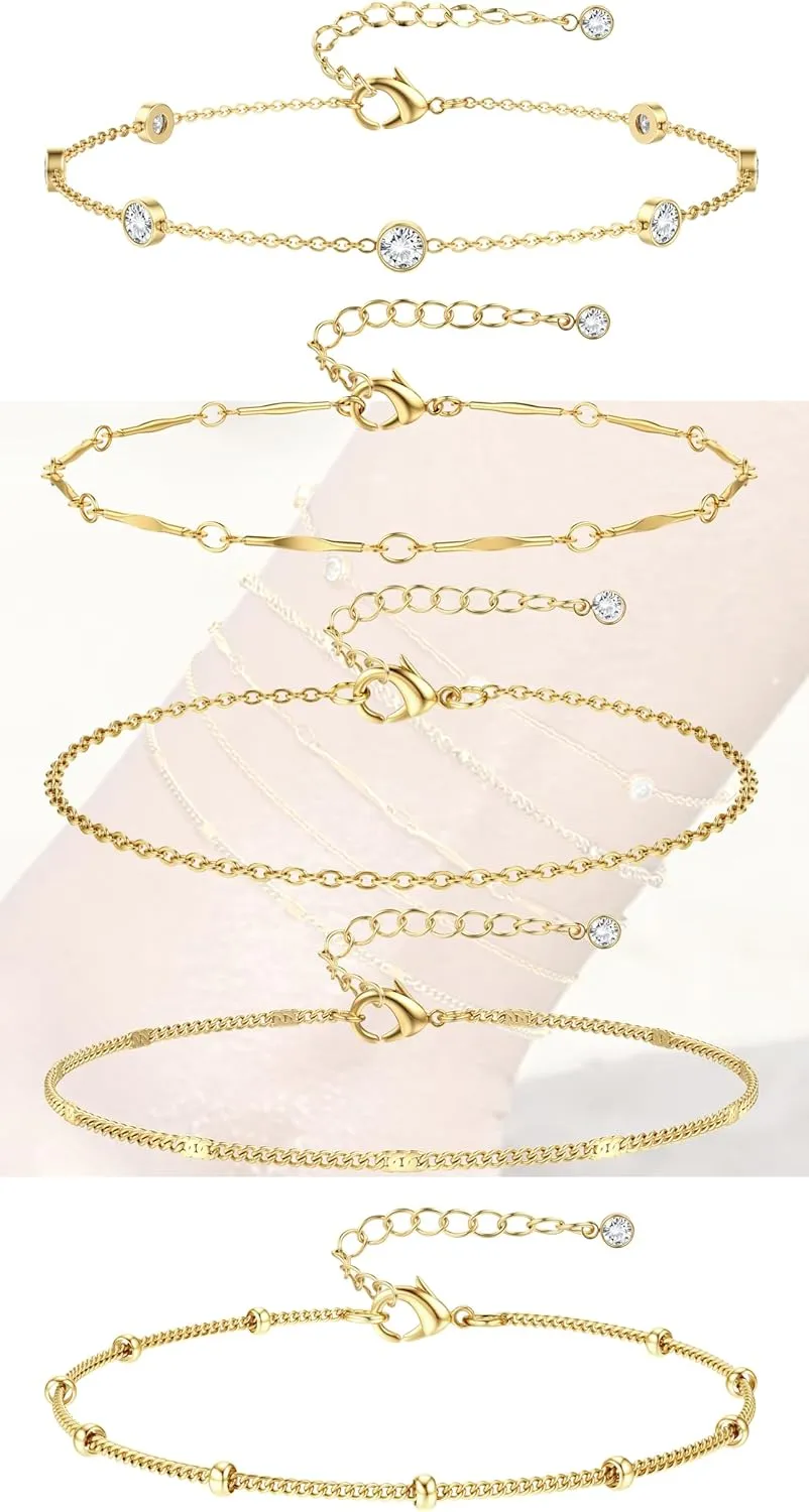 CASSIECA Gold Ankle Bracelets for Women - 14k Gold Plated Anklets Waterproof Stainless Steel Layered Heart Cuban Link Chain Herringbone Anklets for Women Summer Beach Jewelry Gift Adjustable Size 5pc