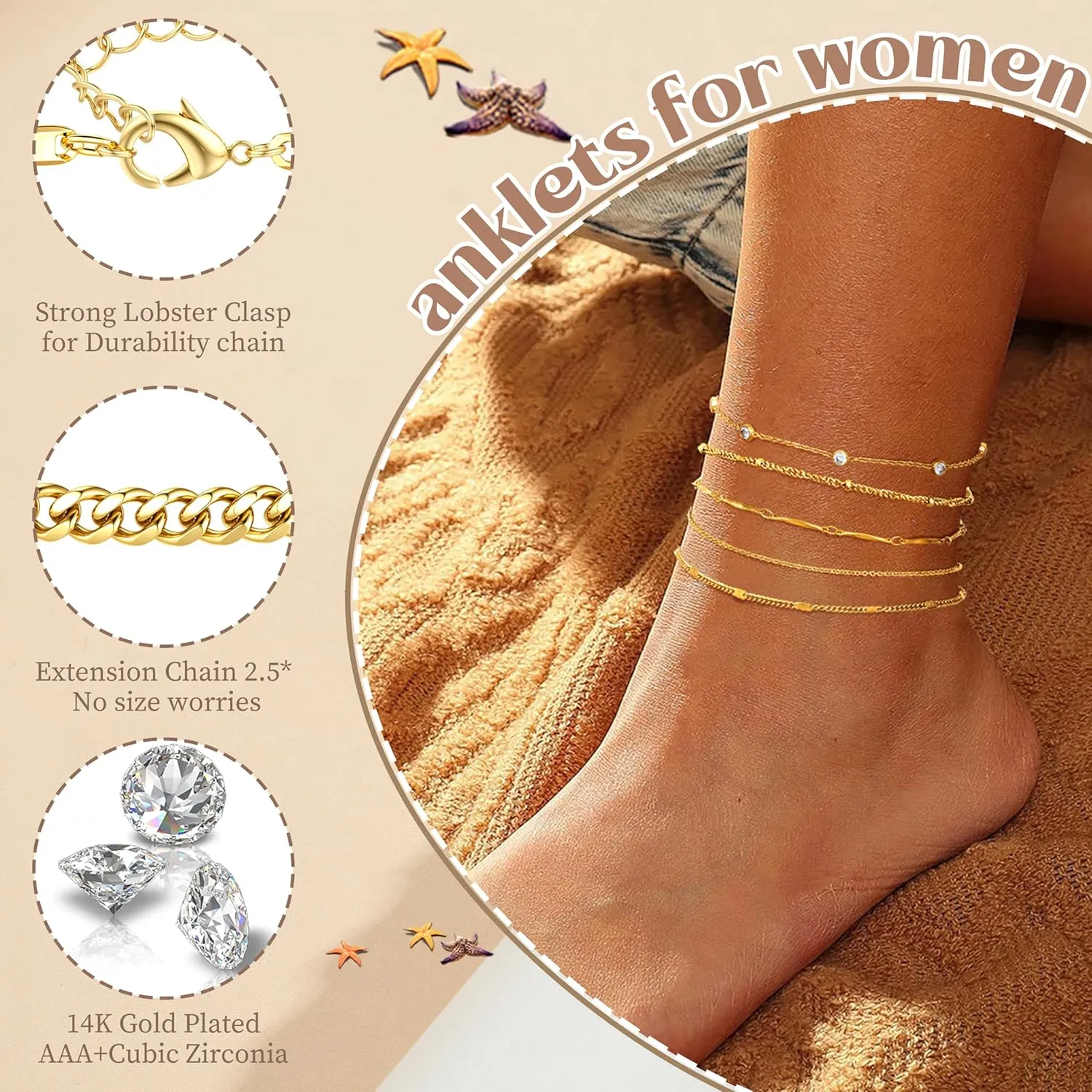 CASSIECA Gold Ankle Bracelets for Women - 14k Gold Plated Anklets Waterproof Stainless Steel Layered Heart Cuban Link Chain Herringbone Anklets for Women Summer Beach Jewelry Gift Adjustable Size 5pc
