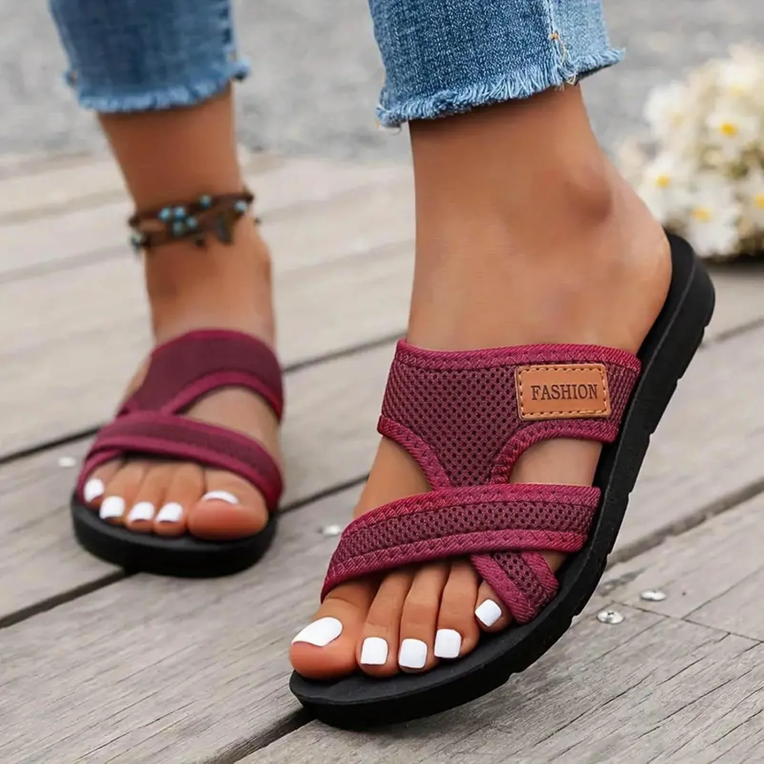 Cathalem Mesh Sandals for Women, Hollow Mesh Slide Sandals for Women 2024 New Comfortable Orthopedic Arch Support