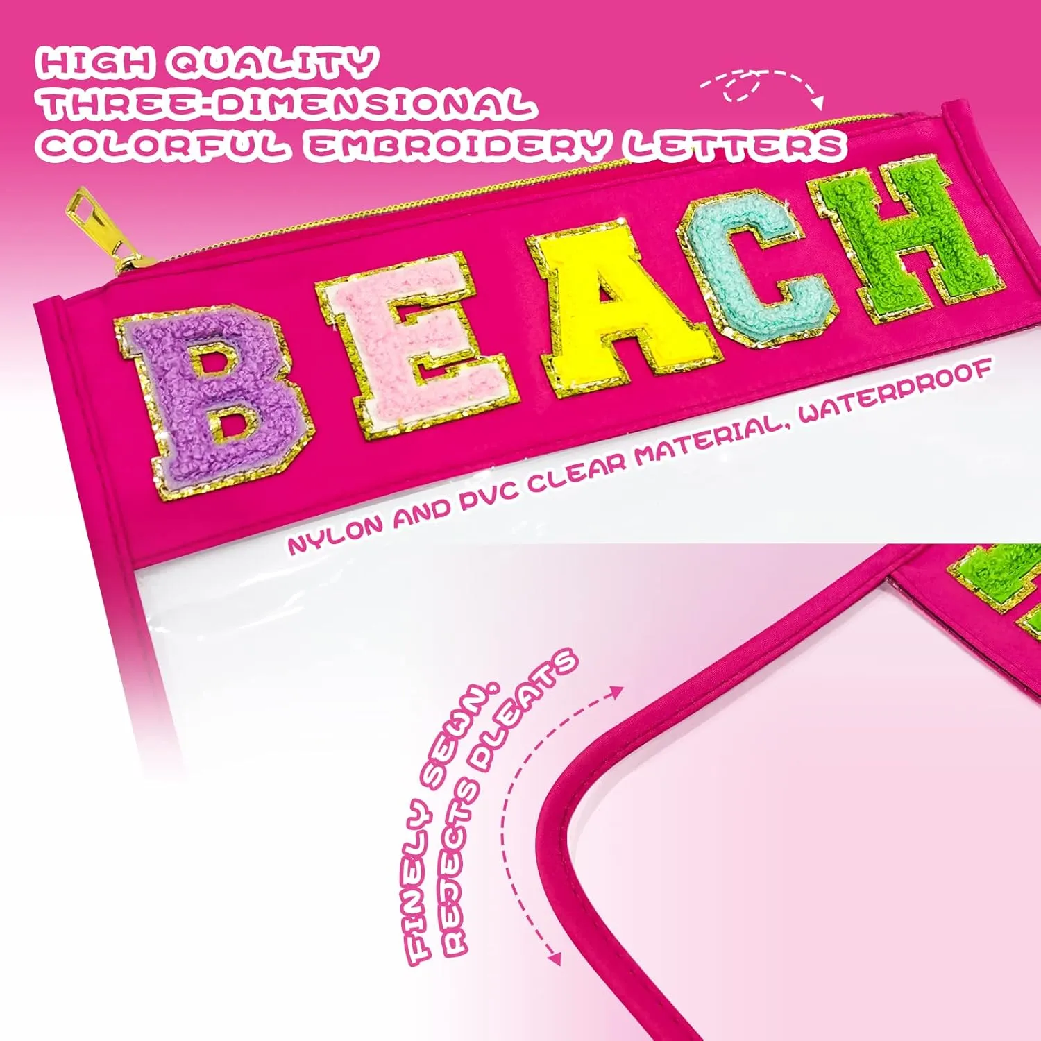 Chenille Letter Clear Beach Bag Nylon Makeup Zipper Pouch, Travel Cosmetic Toiletry Sun Spf Sunscreen Bag, Waterproof Beach Vacation Essentials Necessities Accessories for Women (Rose Red-Beach)