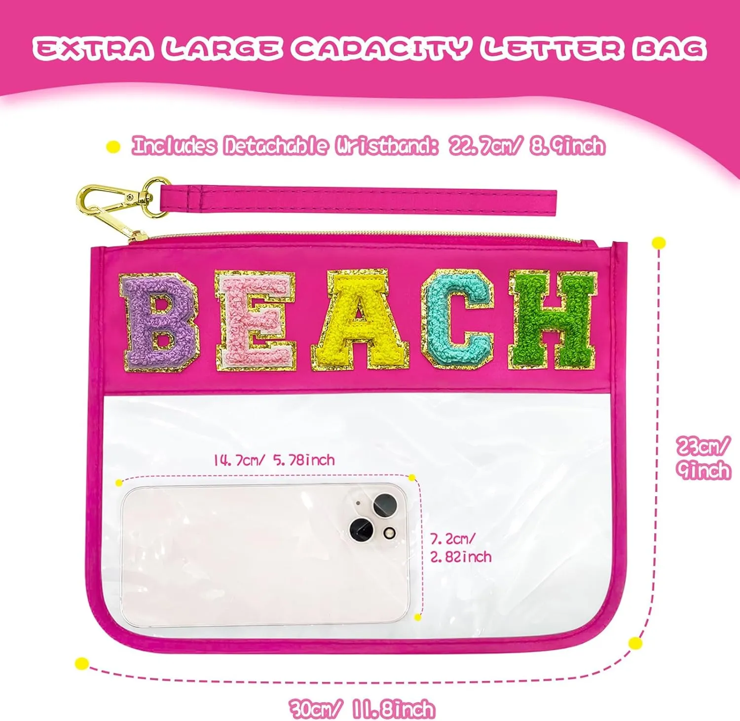 Chenille Letter Clear Beach Bag Nylon Makeup Zipper Pouch, Travel Cosmetic Toiletry Sun Spf Sunscreen Bag, Waterproof Beach Vacation Essentials Necessities Accessories for Women (Rose Red-Beach)