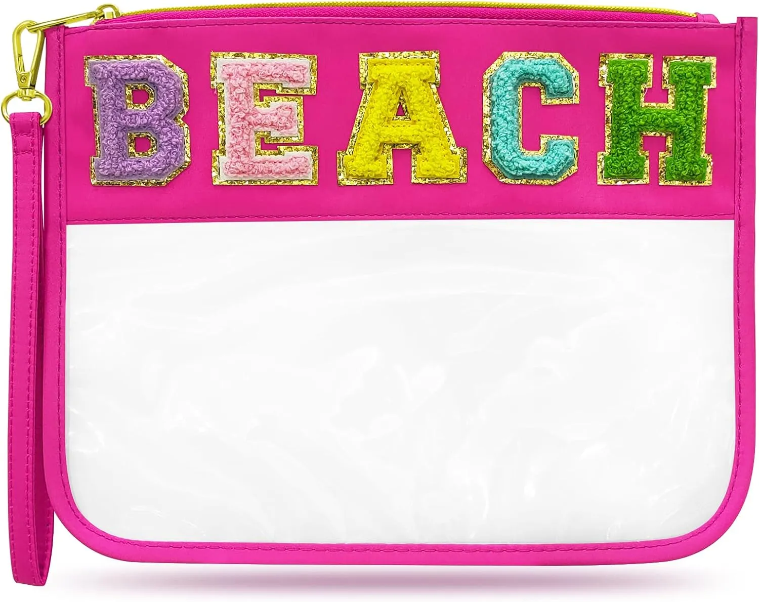 Chenille Letter Clear Beach Bag Nylon Makeup Zipper Pouch, Travel Cosmetic Toiletry Sun Spf Sunscreen Bag, Waterproof Beach Vacation Essentials Necessities Accessories for Women (Rose Red-Beach)
