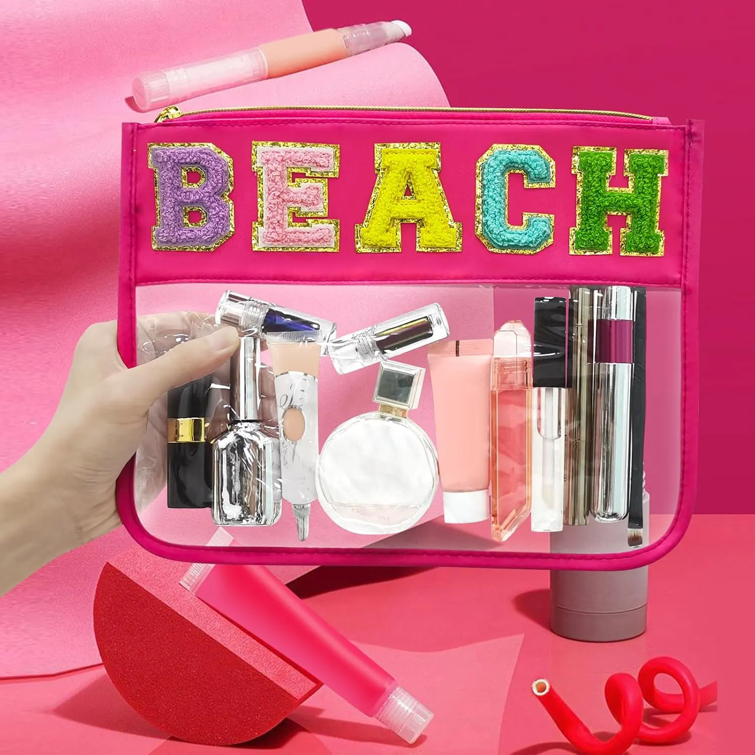 Chenille Letter Clear Beach Bag Nylon Makeup Zipper Pouch, Travel Cosmetic Toiletry Sun Spf Sunscreen Bag, Waterproof Beach Vacation Essentials Necessities Accessories for Women (Rose Red-Beach)