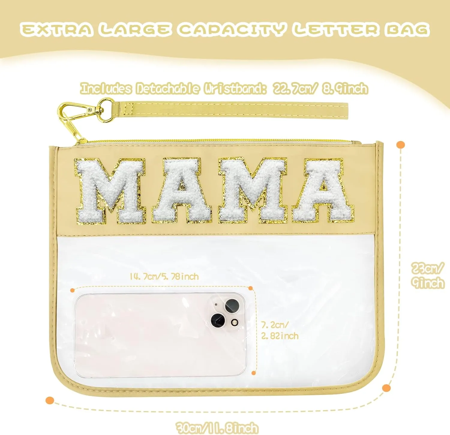Chenille Letter Clear Travel Zipper Pouch Nylon Makeup Bag, Preppy Makeup Bag Clear Cosmetic Toiletry Bag, Water-proof Makeup Travel Pouch Snack Bags for Women (Beige-MAMA)