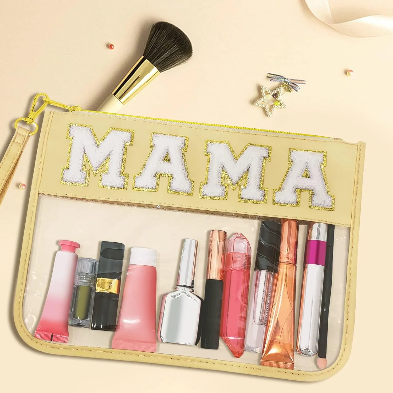 Chenille Letter Clear Travel Zipper Pouch Nylon Makeup Bag, Preppy Makeup Bag Clear Cosmetic Toiletry Bag, Water-proof Makeup Travel Pouch Snack Bags for Women (Beige-MAMA)