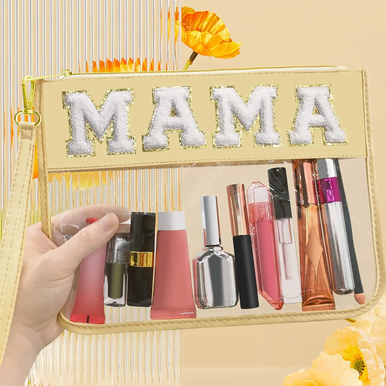 Chenille Letter Clear Travel Zipper Pouch Nylon Makeup Bag, Preppy Makeup Bag Clear Cosmetic Toiletry Bag, Water-proof Makeup Travel Pouch Snack Bags for Women (Beige-MAMA)
