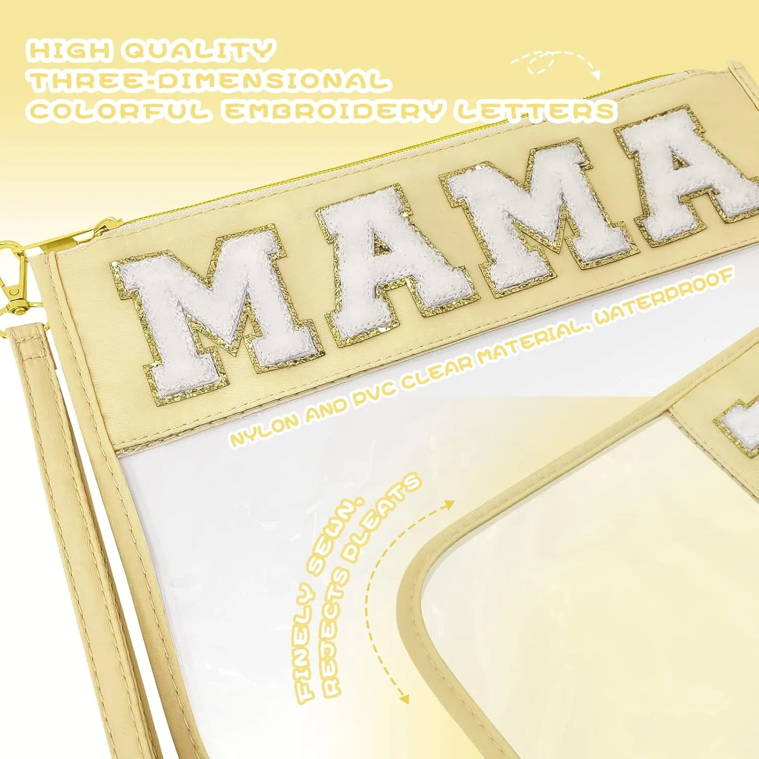 Chenille Letter Clear Travel Zipper Pouch Nylon Makeup Bag, Preppy Makeup Bag Clear Cosmetic Toiletry Bag, Water-proof Makeup Travel Pouch Snack Bags for Women (Beige-MAMA)