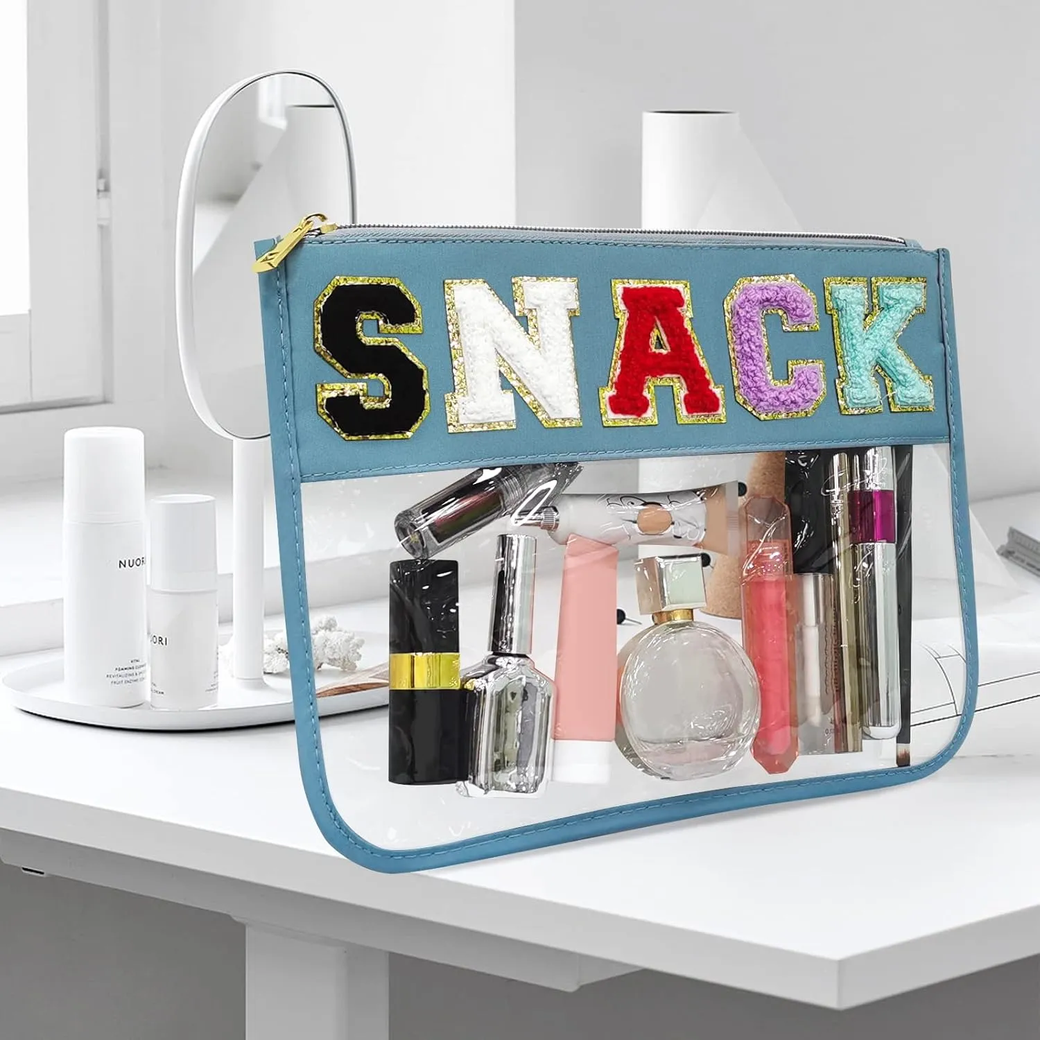 Chenille Letter Clear Travel Zipper Pouch Nylon Makeup Bag, Preppy Makeup Bag Clear Cosmetic Toiletry Bag, Water-proof Makeup Travel Pouch Snack Bags for Women (Blue-Snack)