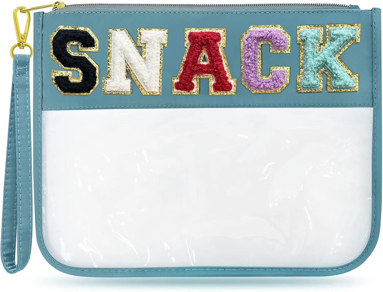 Chenille Letter Clear Travel Zipper Pouch Nylon Makeup Bag, Preppy Makeup Bag Clear Cosmetic Toiletry Bag, Water-proof Makeup Travel Pouch Snack Bags for Women (Blue-Snack)