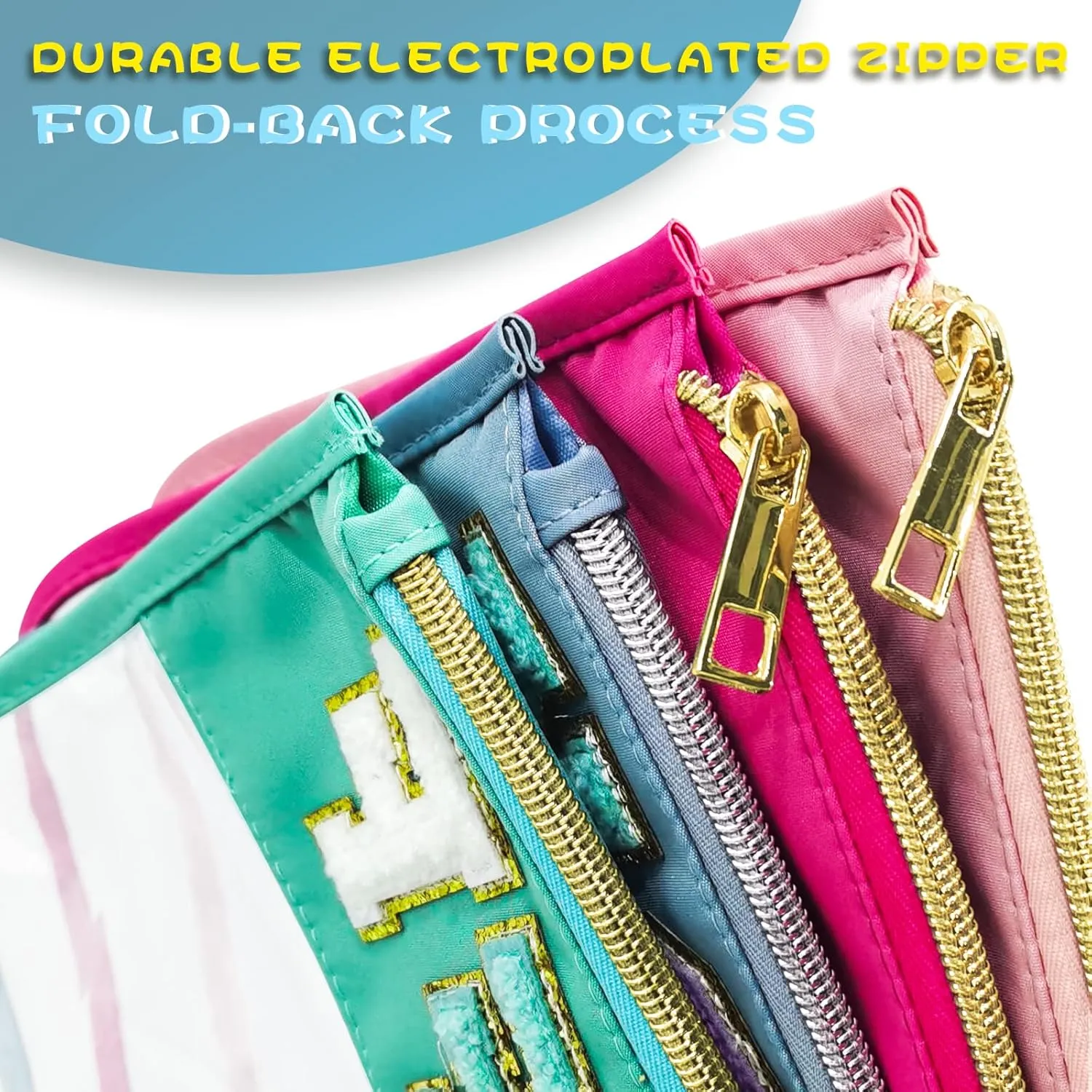 Chenille Letter Clear Travel Zipper Pouch Nylon Makeup Bag, Preppy Makeup Bag Clear Cosmetic Toiletry Bag, Water-proof Makeup Travel Pouch Snack Bags for Women (Blue-Snack)