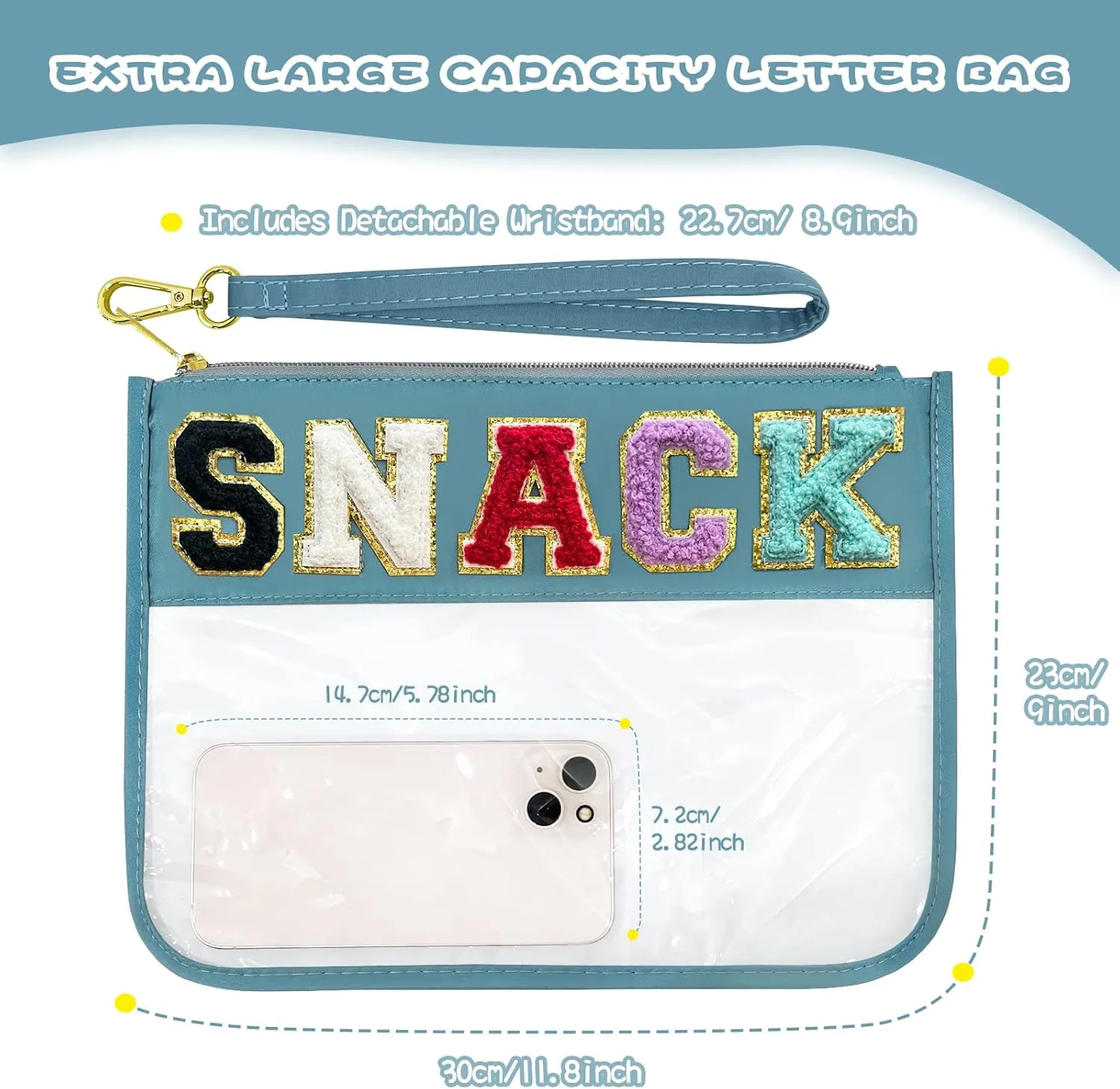 Chenille Letter Clear Travel Zipper Pouch Nylon Makeup Bag, Preppy Makeup Bag Clear Cosmetic Toiletry Bag, Water-proof Makeup Travel Pouch Snack Bags for Women (Blue-Snack)