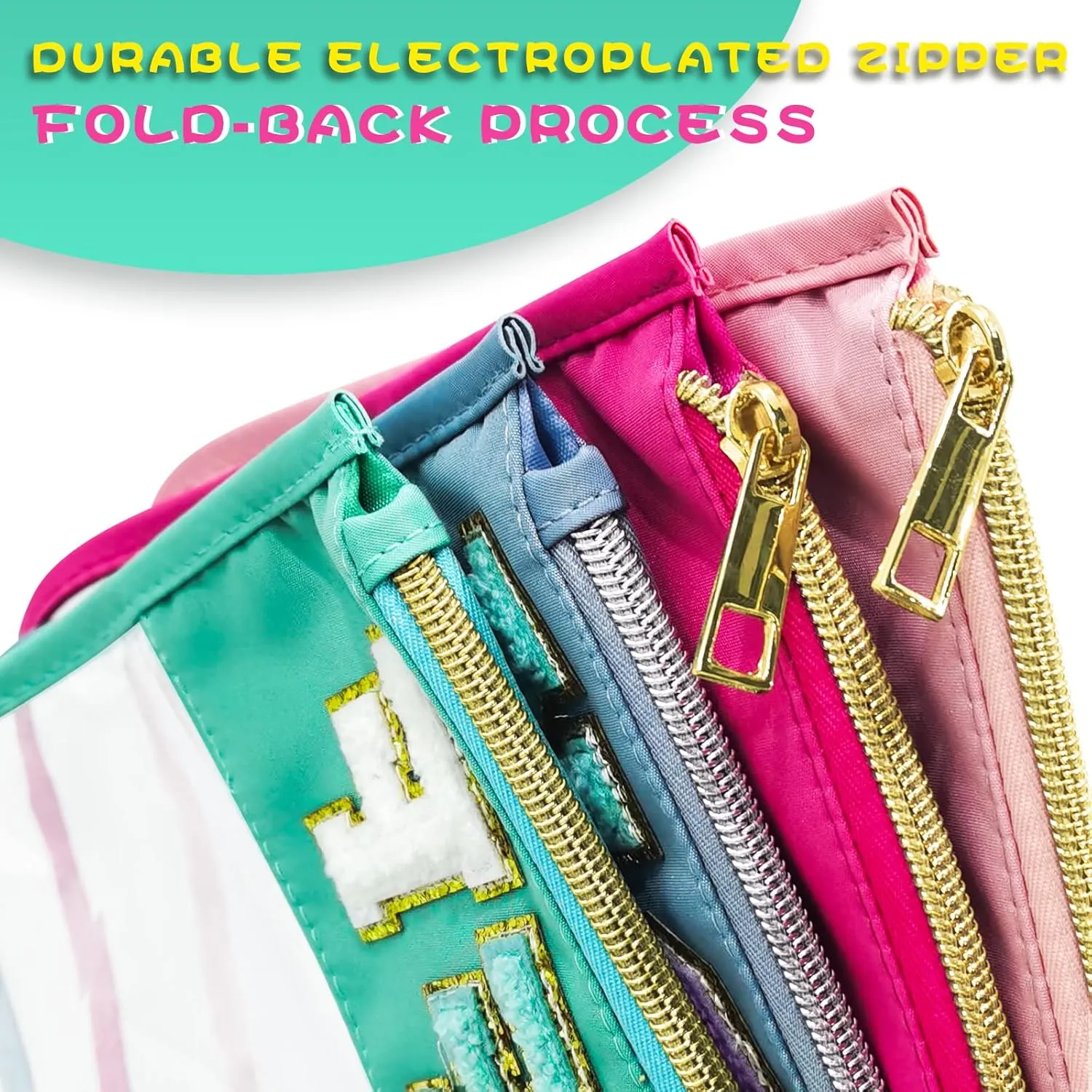 Chenille Letter Clear Travel Zipper Pouch Nylon Makeup Bag, Preppy Makeup Bag Clear Cosmetic Toiletry Bag, Water-proof Makeup Travel Pouch Snack Bags for Women (Green-Stuff)