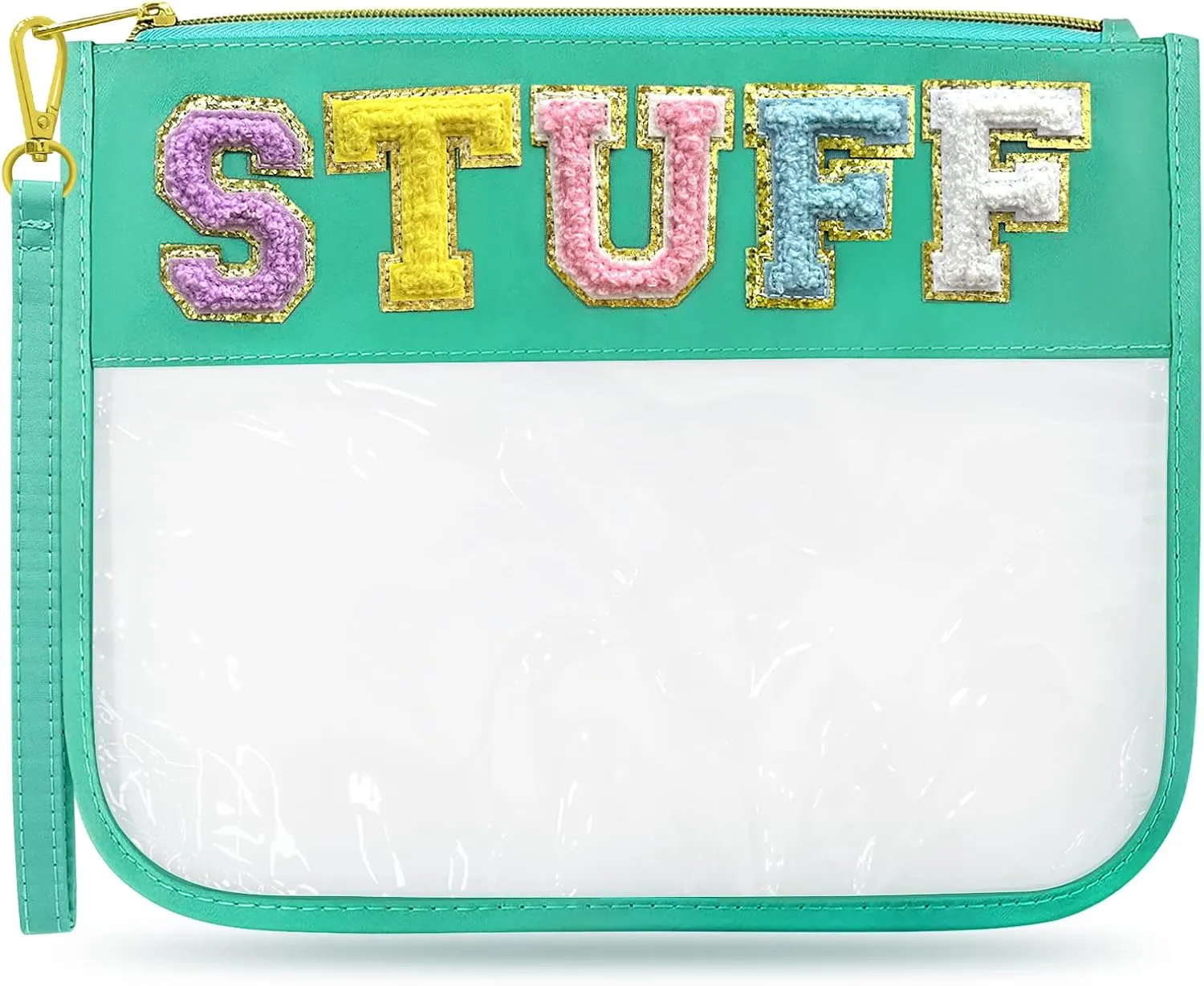 Chenille Letter Clear Travel Zipper Pouch Nylon Makeup Bag, Preppy Makeup Bag Clear Cosmetic Toiletry Bag, Water-proof Makeup Travel Pouch Snack Bags for Women (Green-Stuff)
