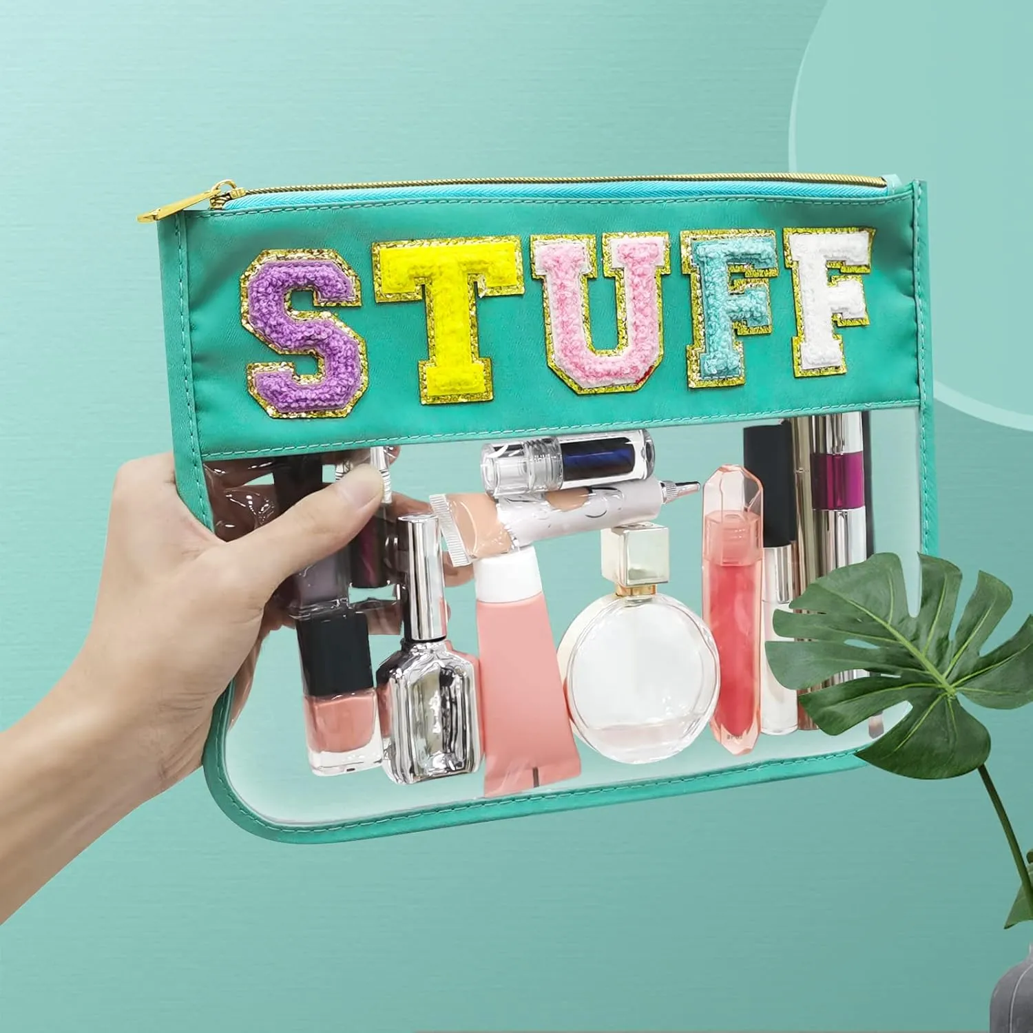 Chenille Letter Clear Travel Zipper Pouch Nylon Makeup Bag, Preppy Makeup Bag Clear Cosmetic Toiletry Bag, Water-proof Makeup Travel Pouch Snack Bags for Women (Green-Stuff)