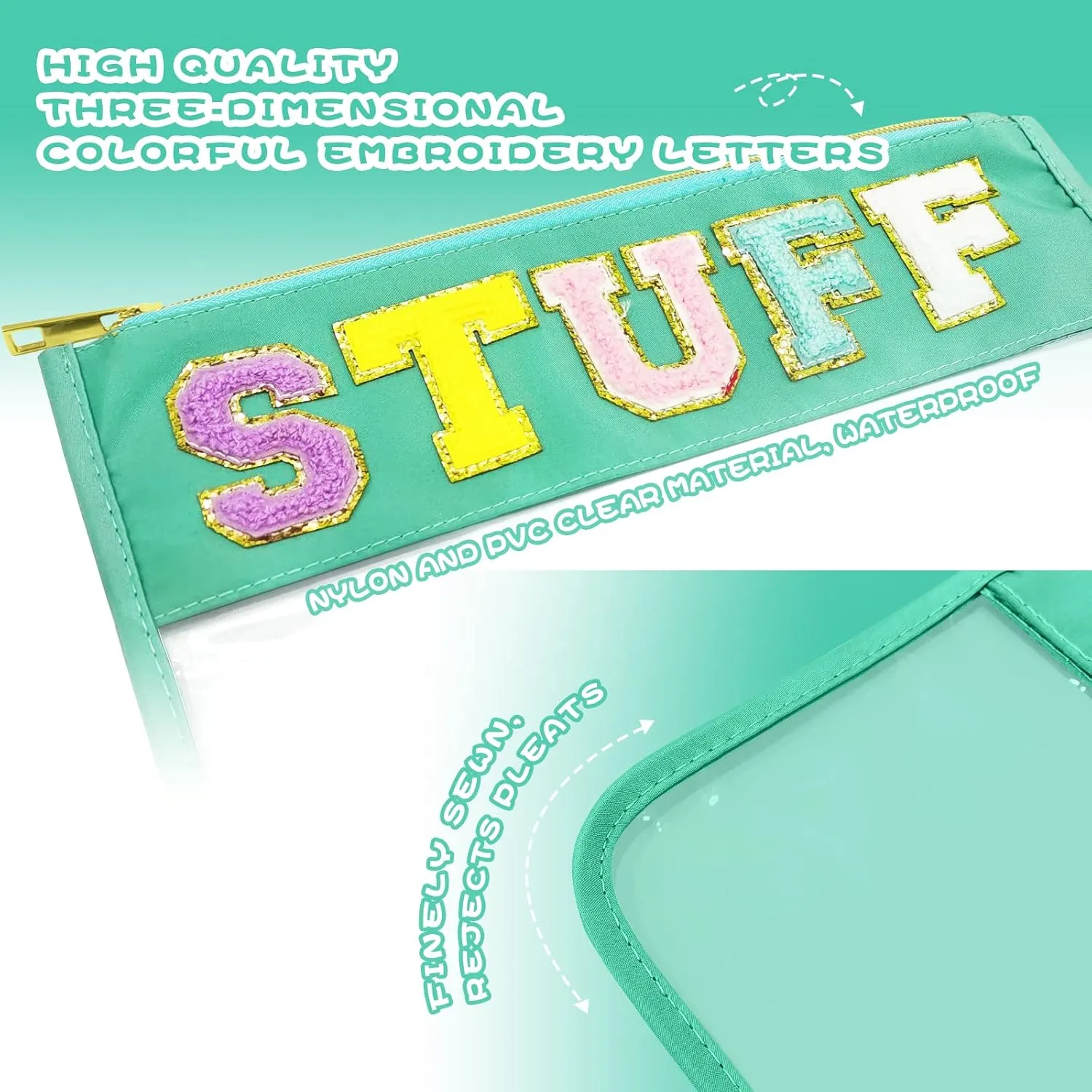 Chenille Letter Clear Travel Zipper Pouch Nylon Makeup Bag, Preppy Makeup Bag Clear Cosmetic Toiletry Bag, Water-proof Makeup Travel Pouch Snack Bags for Women (Green-Stuff)