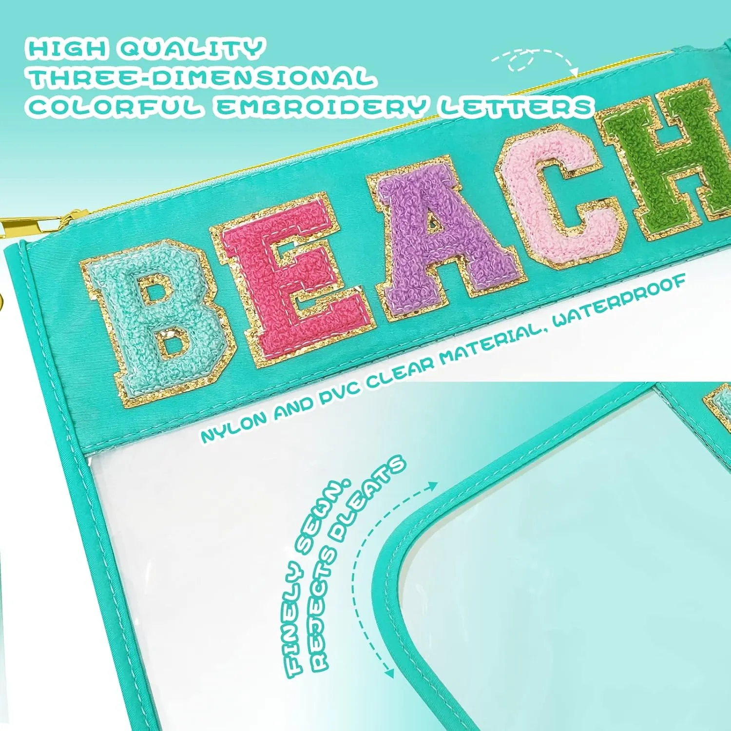 Chenille Letter Clear Travel Zipper Pouch Nylon Makeup Bag, Preppy Makeup Bag Clear Cosmetic Toiletry Bag, Water-proof Makeup Travel Pouch Snack Bags for Women (Mint Green-Beach)