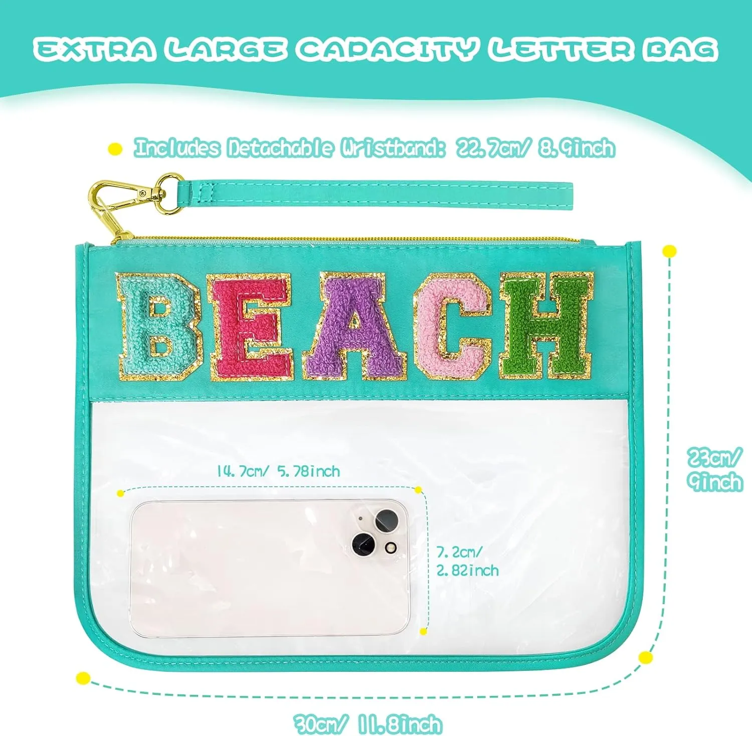 Chenille Letter Clear Travel Zipper Pouch Nylon Makeup Bag, Preppy Makeup Bag Clear Cosmetic Toiletry Bag, Water-proof Makeup Travel Pouch Snack Bags for Women (Mint Green-Beach)
