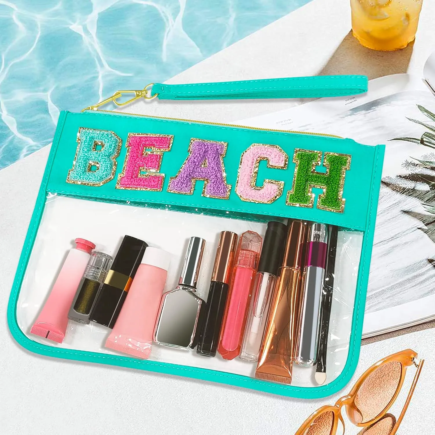 Chenille Letter Clear Travel Zipper Pouch Nylon Makeup Bag, Preppy Makeup Bag Clear Cosmetic Toiletry Bag, Water-proof Makeup Travel Pouch Snack Bags for Women (Mint Green-Beach)