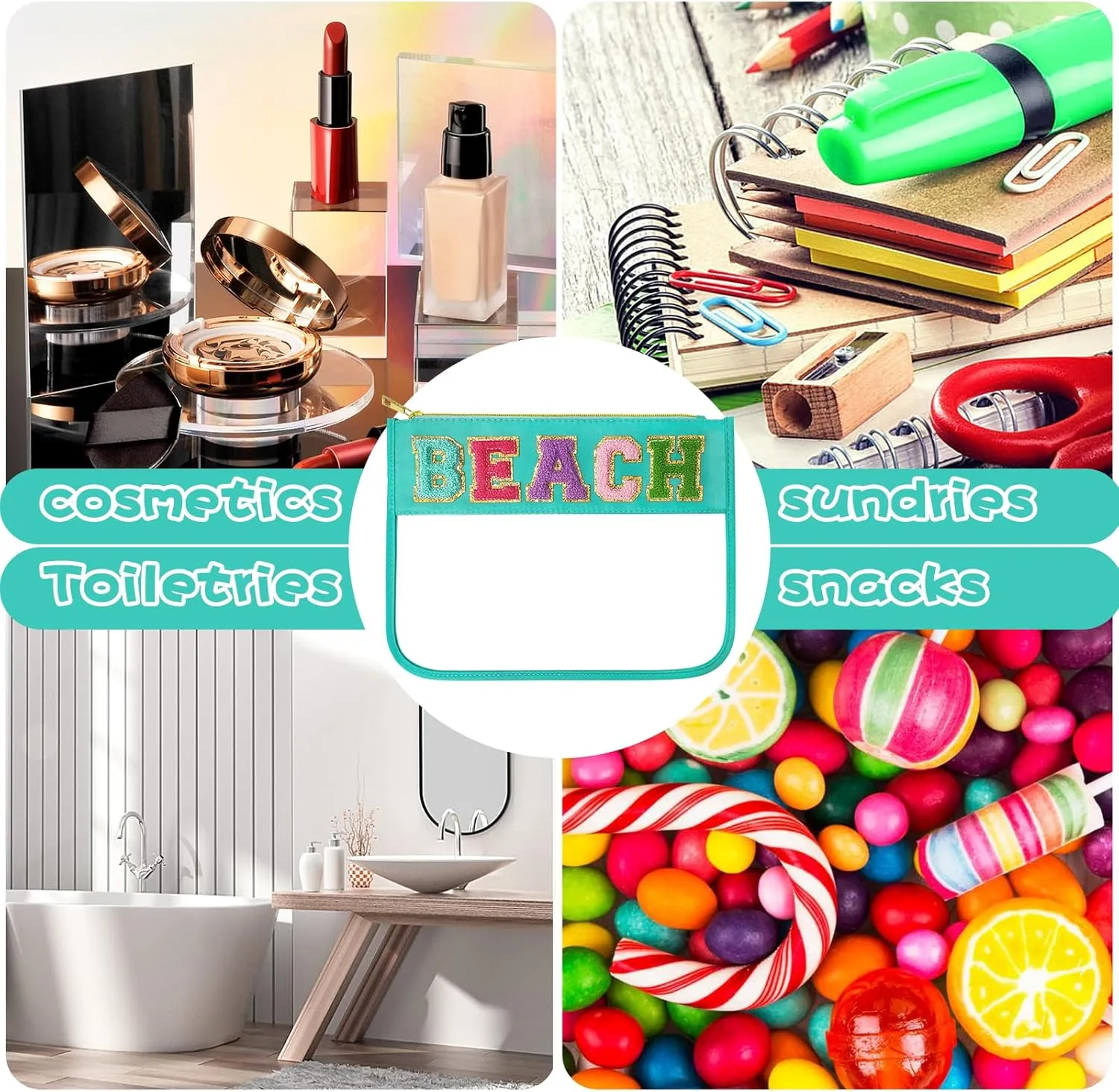 Chenille Letter Clear Travel Zipper Pouch Nylon Makeup Bag, Preppy Makeup Bag Clear Cosmetic Toiletry Bag, Water-proof Makeup Travel Pouch Snack Bags for Women (Mint Green-Beach)